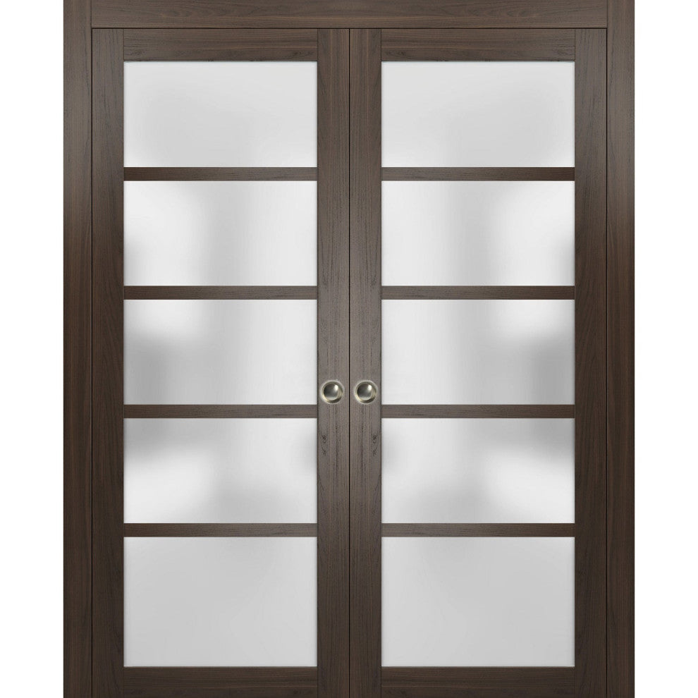 Interior Double Pocket Doors|Frosted Glass|Quadro 4002 Chocolate Ash 60x80