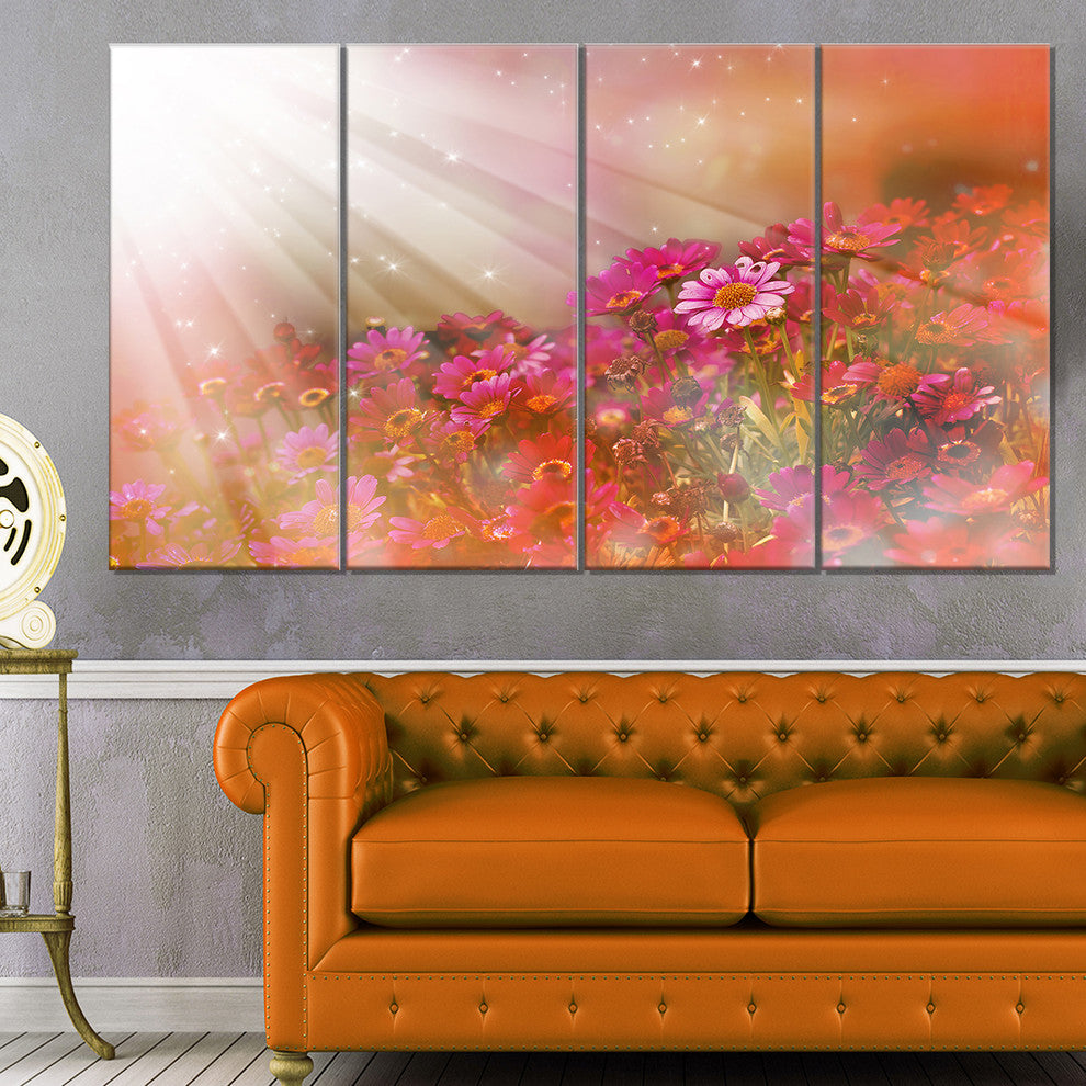 Little Red and Pink Flowers Spring, Floral Canvas Artwork, 48"x28", 4 Panels