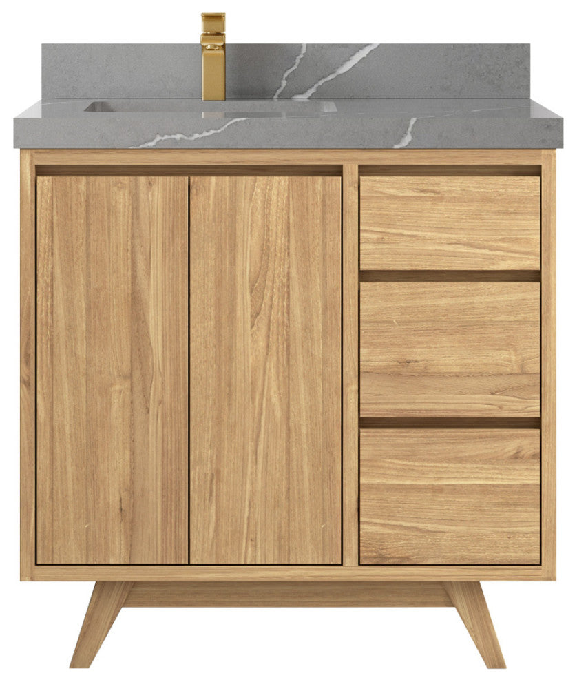 Madison Teak 36 Left Offset Bath Vanity in Light Natural 2" Piatra Gray