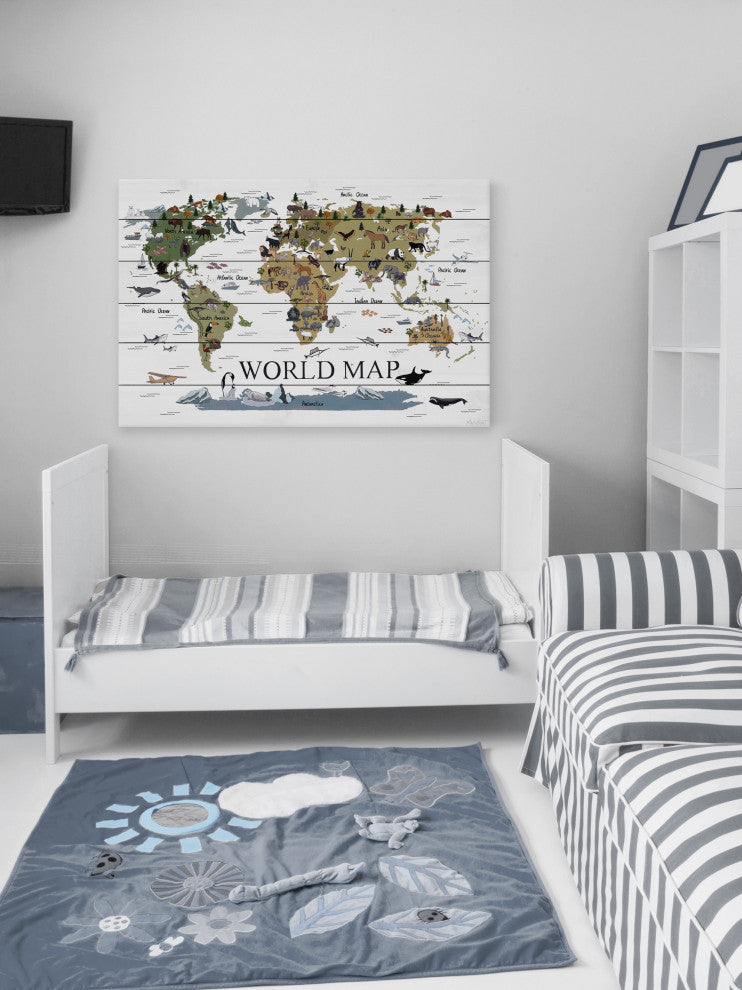 "World Map of Animals" Painting Print on White Wood, 60x40