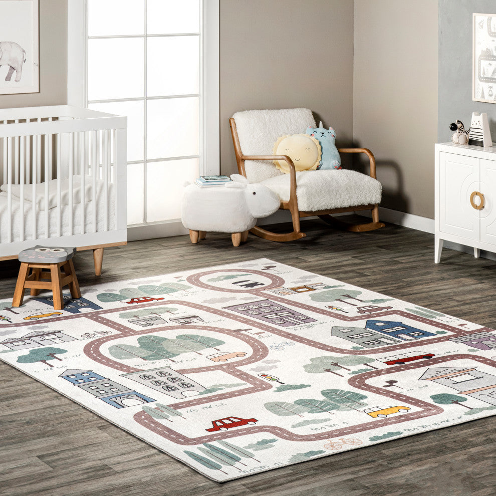 Nuloom Chalea Kids Town Machine Washable Area Rug, White Multicolor 5'x8'