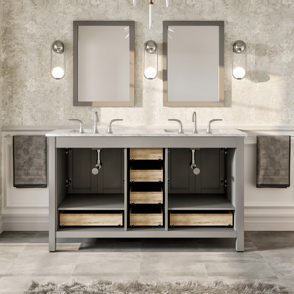 Eviva Aberdeen Gray Transitional Double Sink Vanity With White Carrara Top, 72"
