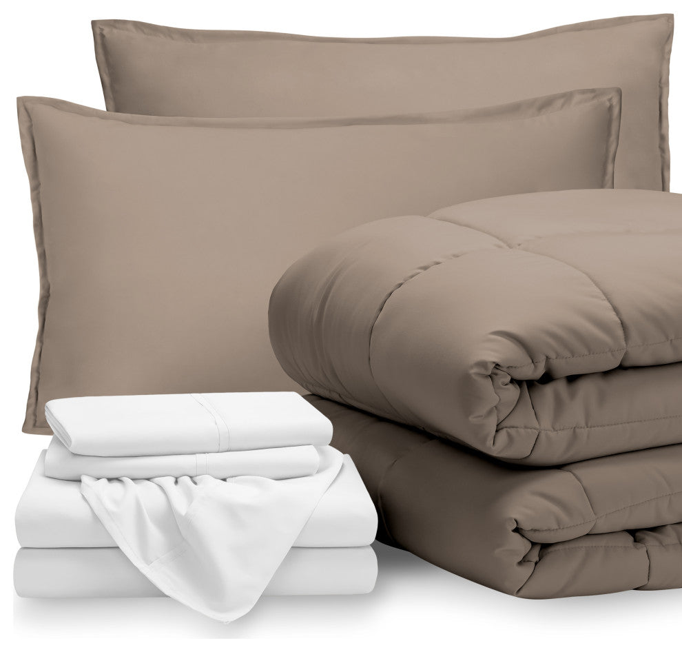 Bare Home 8-Piece Bed-in-a-Bag Split Sizes, Taupe, White, Split Head Flex King