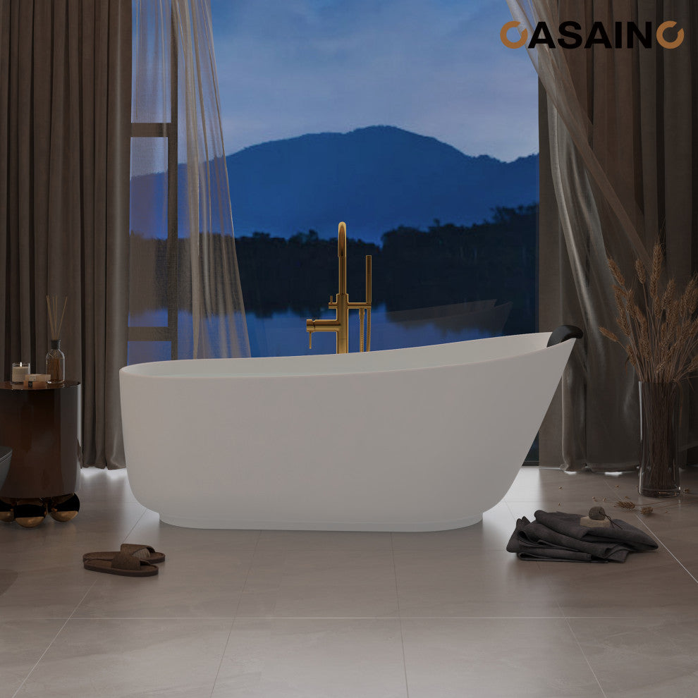 59in White Solid Surface Freestanding Soaking Bathtub with Drain, 67in