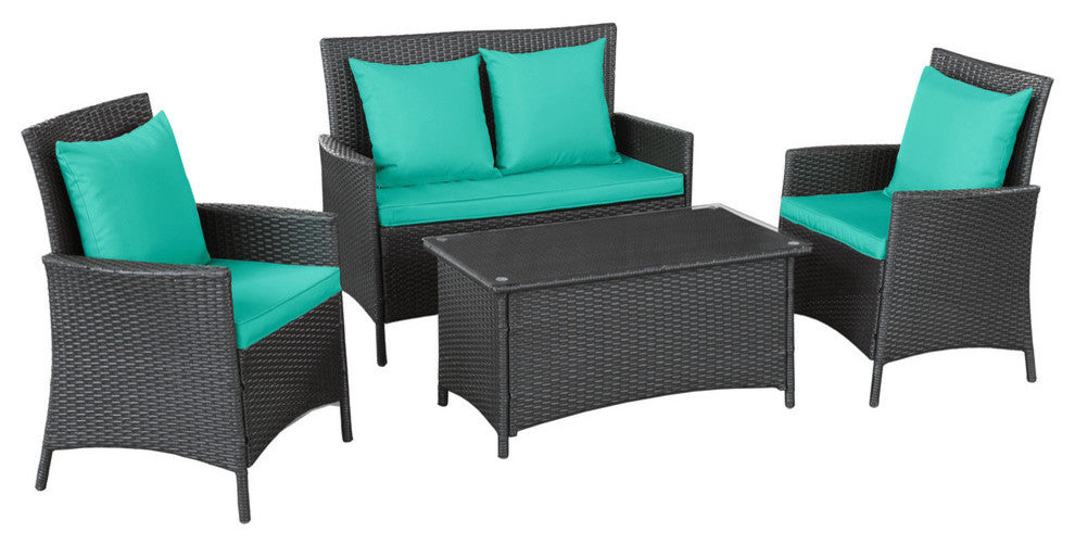 Modern Contemporary Outdoor Patio Rattan and Wicker 4 Pieces Sofa Set Turquoise