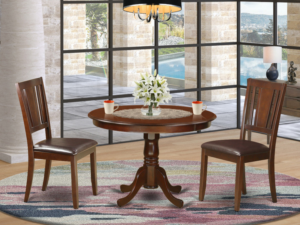 3 Pc Set With A Round Kitchen Table And 2 Leather Dinette Chairs, Mahogany