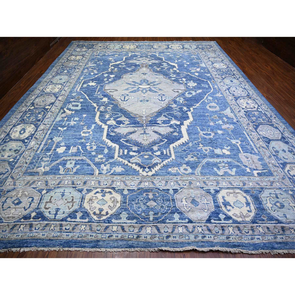 Blue Anatolian Village Inspired Soft Wool Hand Knotted Oversized Rug 11'9"x15'1"