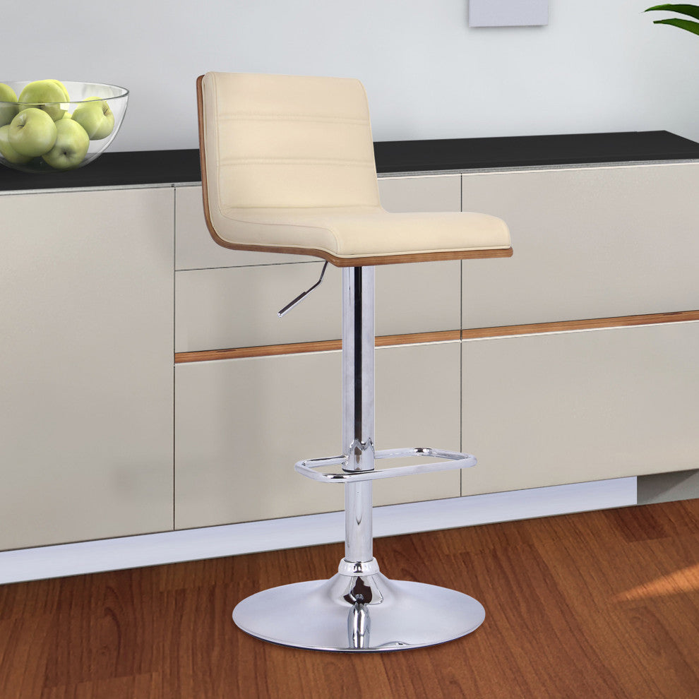 Cream Faux Leather Walnut and Chrome Adjustable Swivel Bar Stool