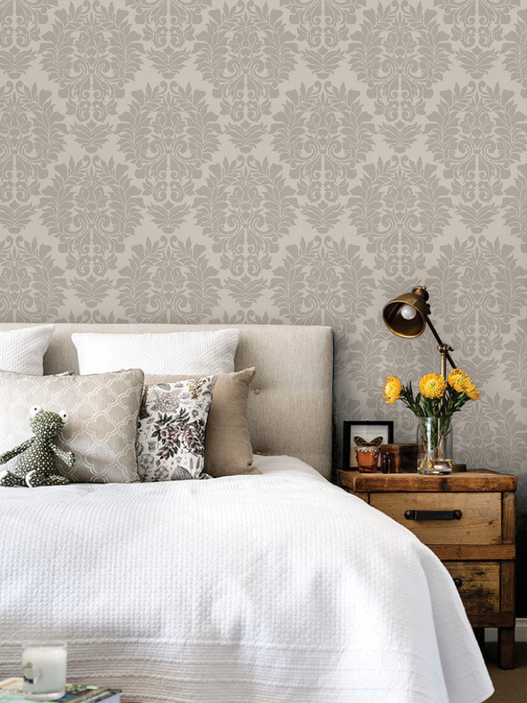 Classic Damask Peel and Stick Vinyl Wallpaper, Warm Gray, 24"w X 108"h