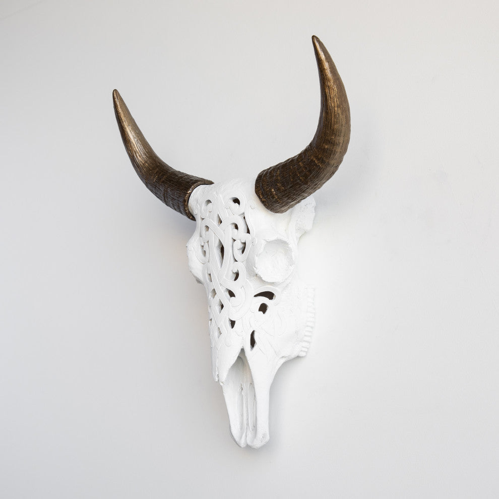 Faux Cow Skull Decorative Carved Bison Skull Wall Decor, White and Bronze