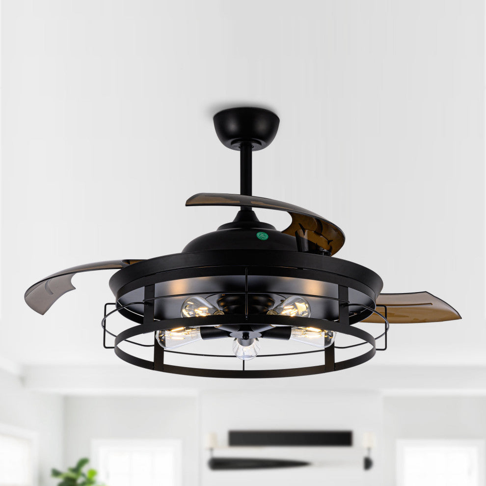 52 in Modern Black Industrial Retractable Ceiling Fan with Light Kit and Remote