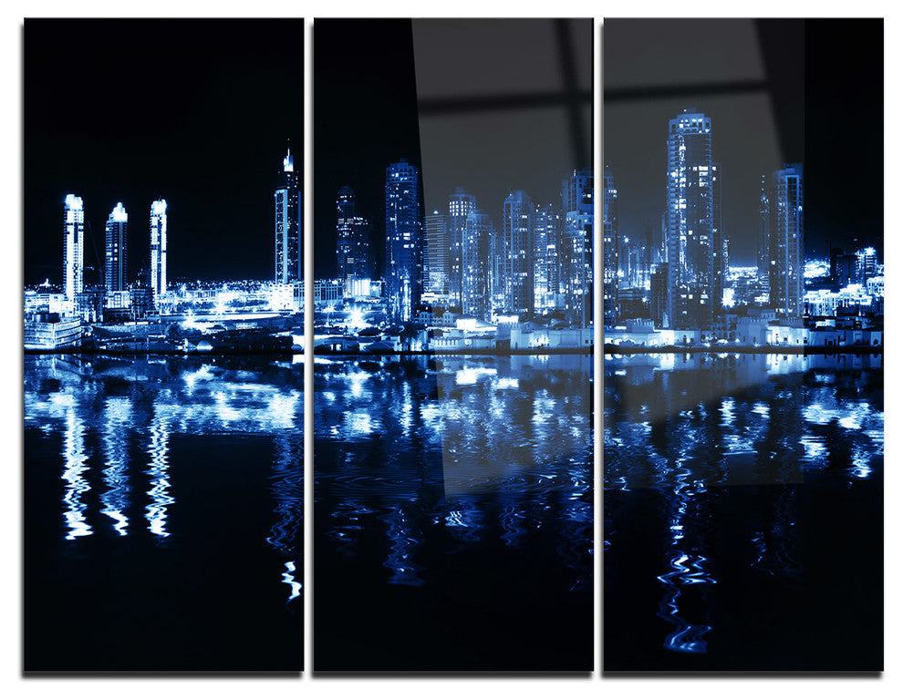 "Glowing City at Midnight" Photo Metal Wall Art, 3 Panels, 36"x28"
