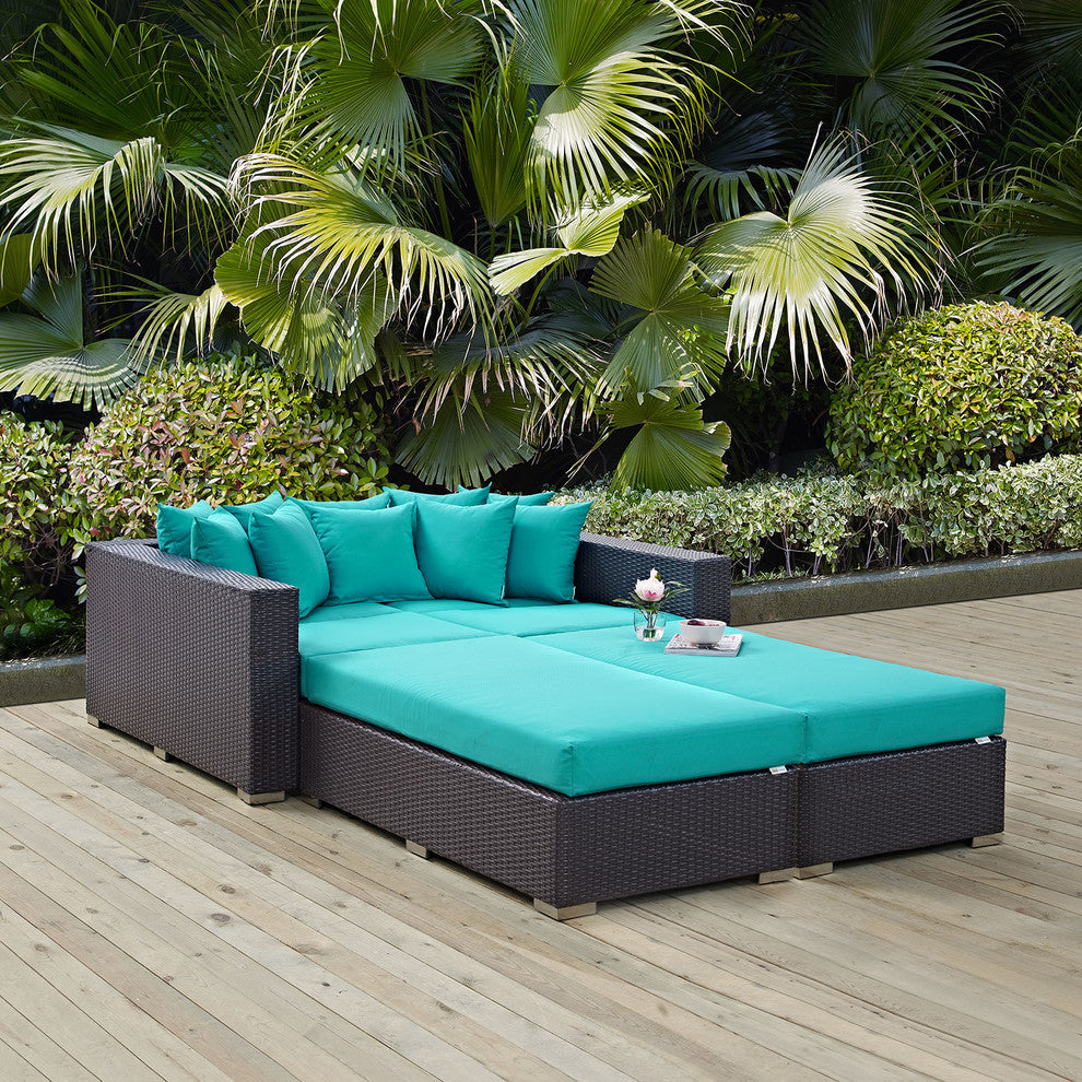 Modway Convene 4 Piece Outdoor Patio Daybed, Espresso Turquoise