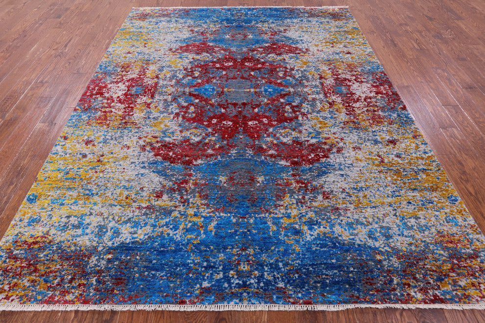 Abstract Hand Knotted Wool and Silk Rug 8' 1" X 10' 2" Q11849