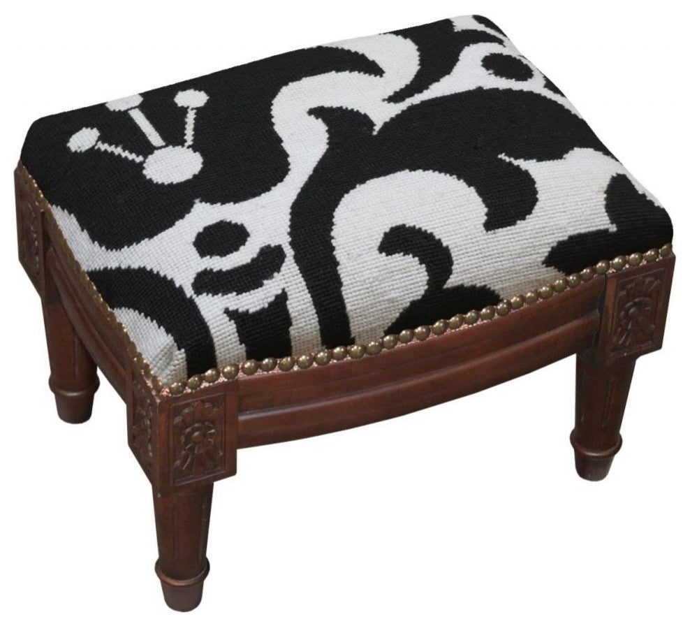 Damask Wool Needlepoint Wooden Footstool, Black and White