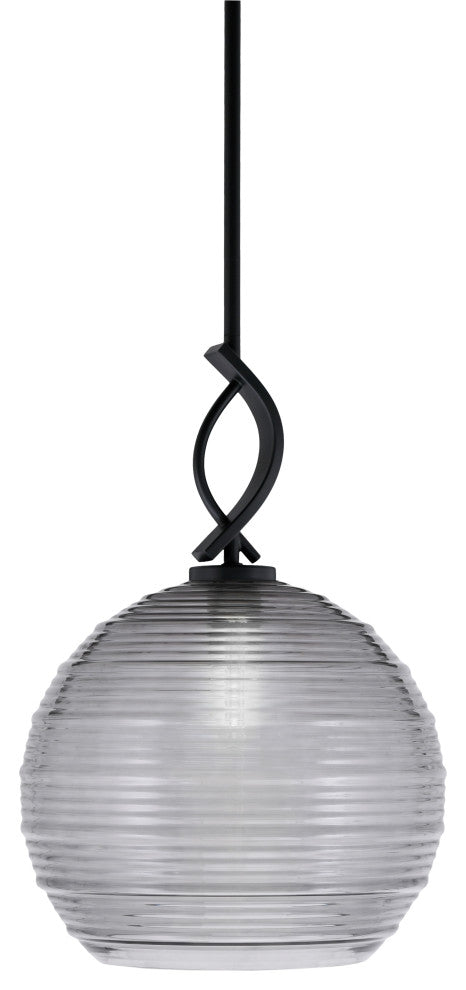 Cavella 1 Light Stem Mini Pendant, Matte Black Finish, 12" Smoke Ribbed Glass