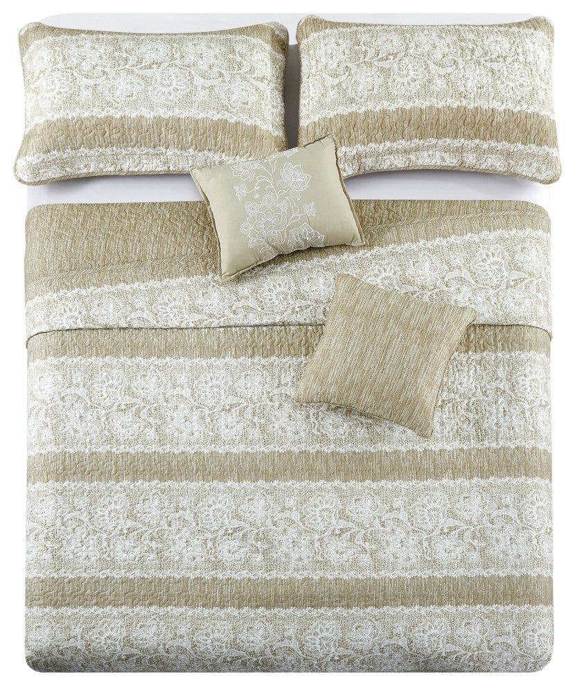 Emma Quilt 5 Piece Sets, Taupe, King 102" X 90"