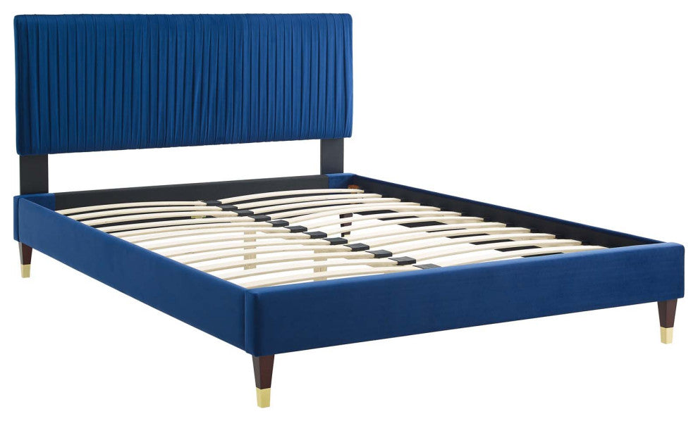 Platform Bed Frame, Twin Size, Velvet, Blue Navy, Modern Contemporary, Bedroom