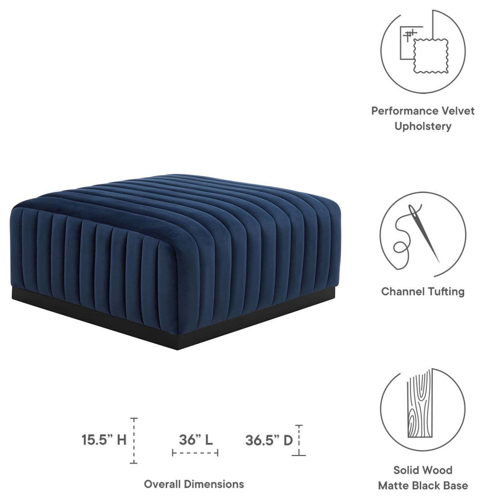 Conjure Channel Tufted Performance Velvet Ottoman, Black Midnight Blue