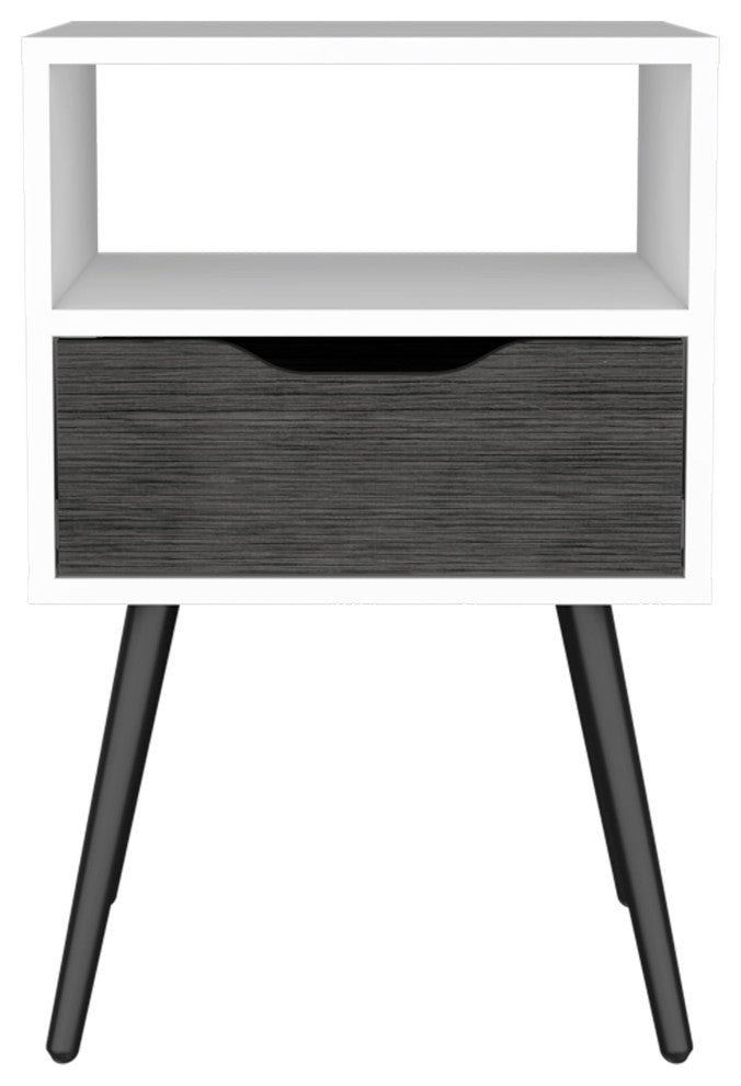 Allie Nightstand with Superior Top, Open Shelf, and Drawer, Smokey Oak/ White