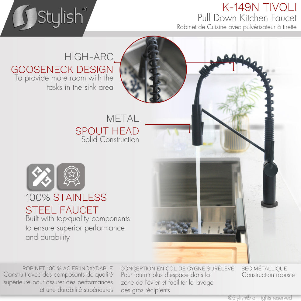 STYLISH Single Handle Pull-Down Dual Mode Kitchen Faucet, Matte Black