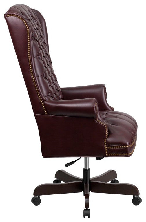 Classic Office Chair, Button Tufted Back & Rolled Arms With Nailhead, Burgundy