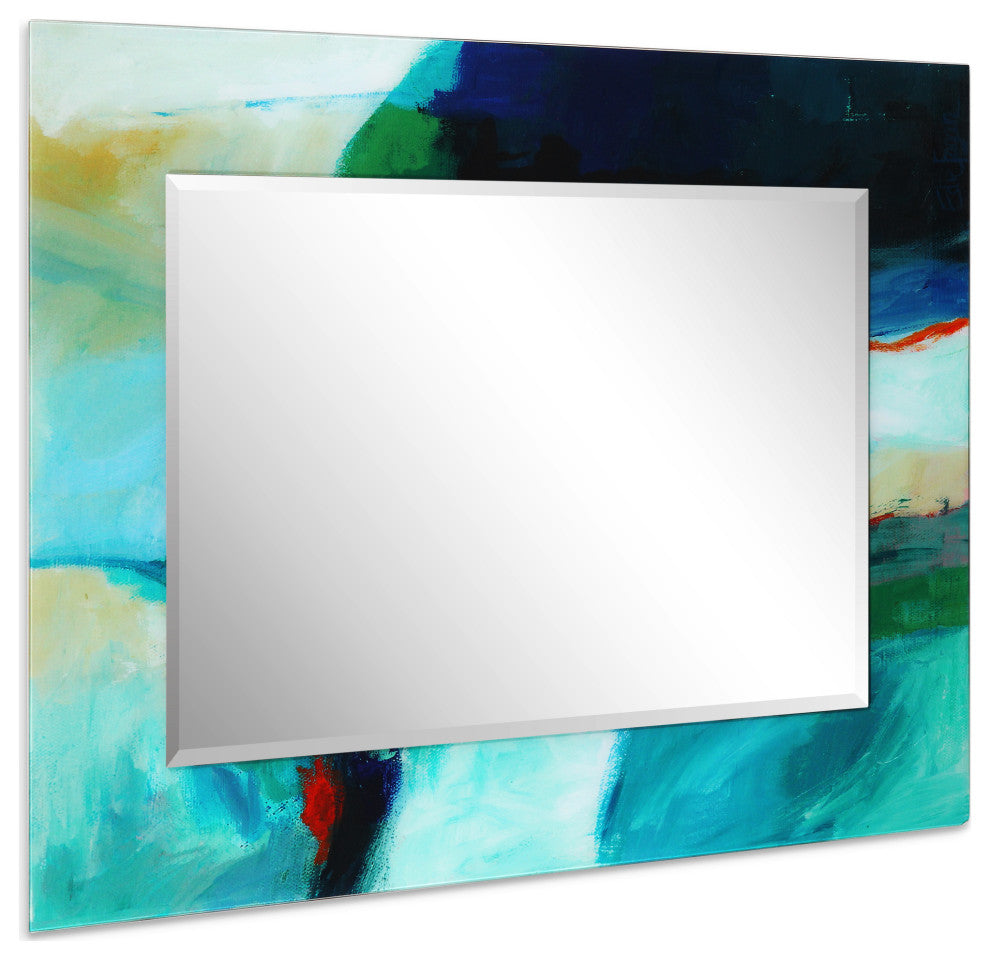 "Sky" Rectangular Beveled Wall Mirror Framed with Printed Tempered Art Glass