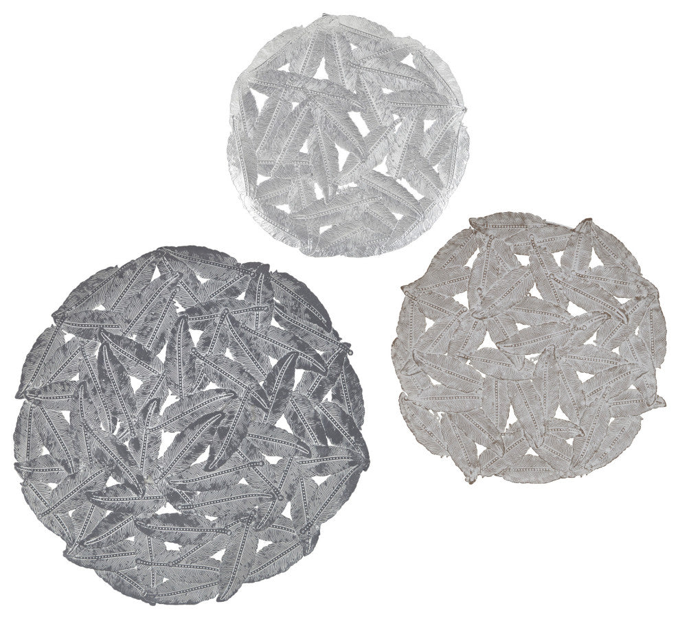 Madison Park Rossi Textured Feather 3-piece Metal Disc Wall Decor Set, Grey