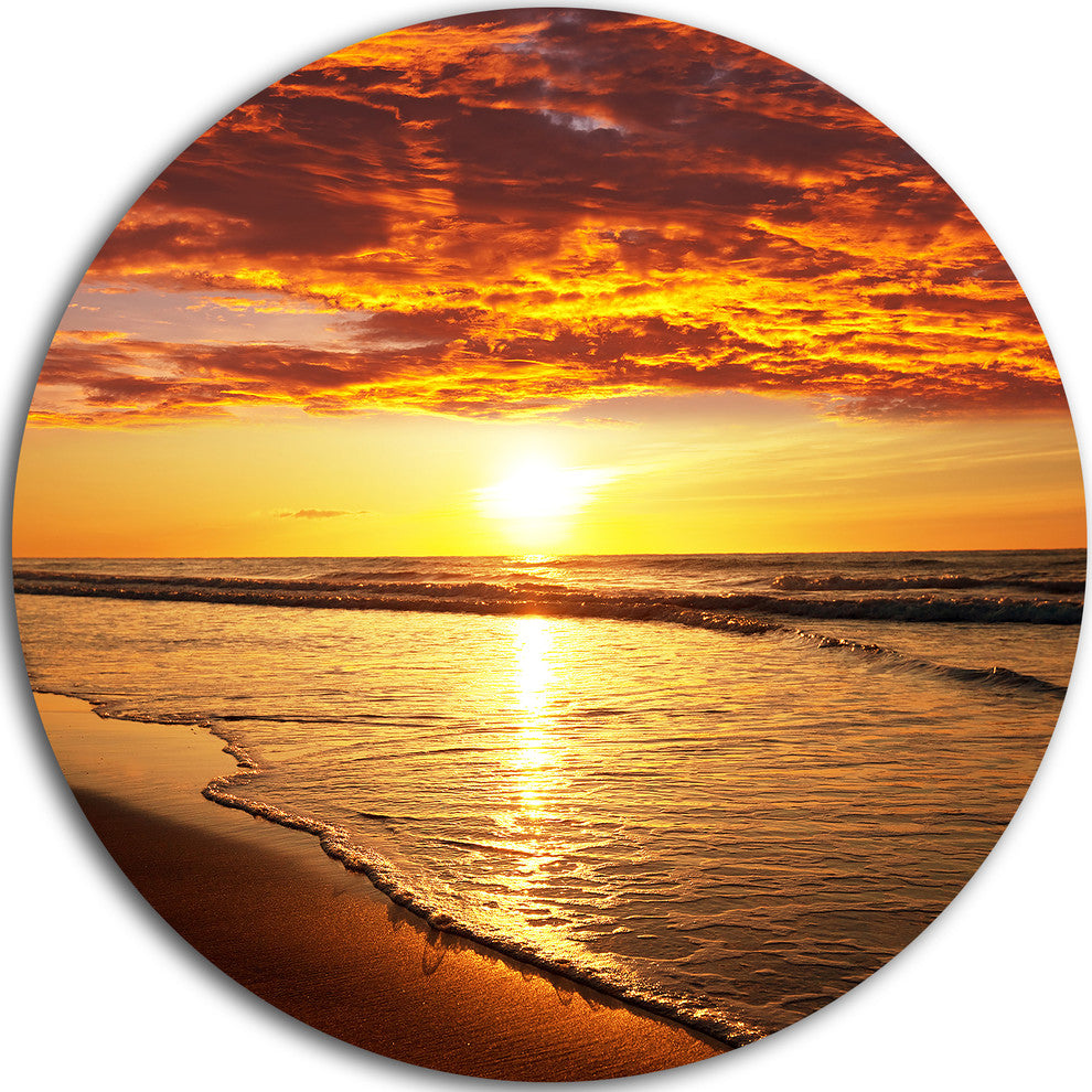 Vibrant Yellow Sun And Calm Waves, Seashore Disc Metal Wall Art, 11"