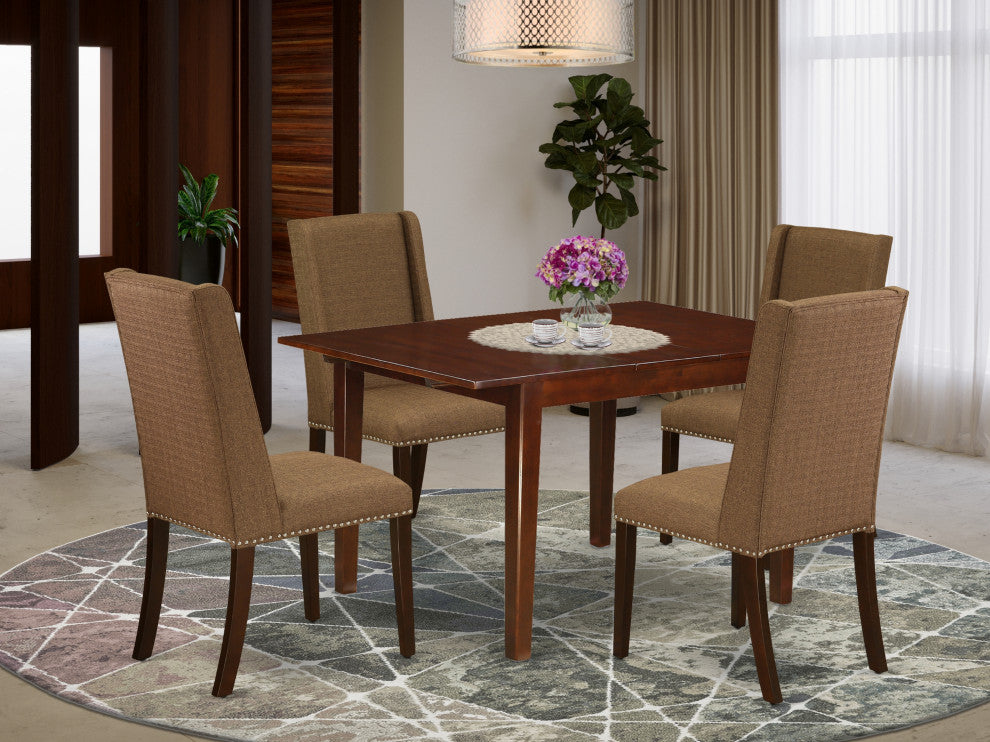 5Pc Dining Set - 4 Parson Chairs, Butterfly Leaf Table, Mahogany Finish
