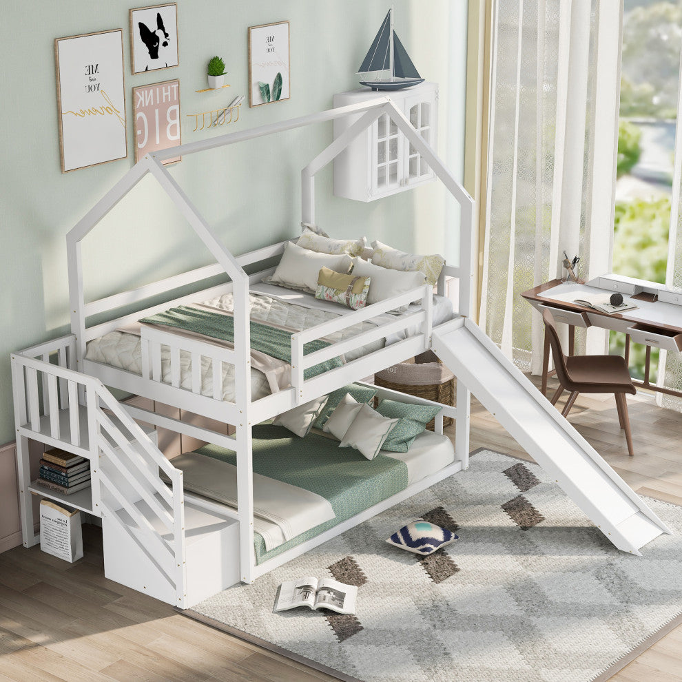Gewnee Twin over Twin House Bunk Bed with Convertible Slide