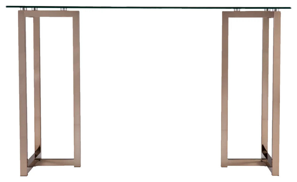 Contemporary Desk, Champagne Finished Metal Base With Clear Tempered Glass Top
