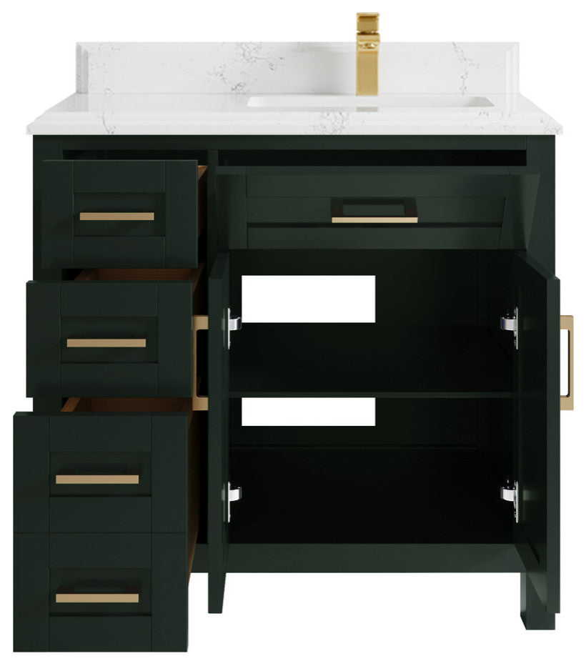 Cambridge 36 Right Offset Bath Vanity in Dark Forest Green 1.5" Empira Quartz
