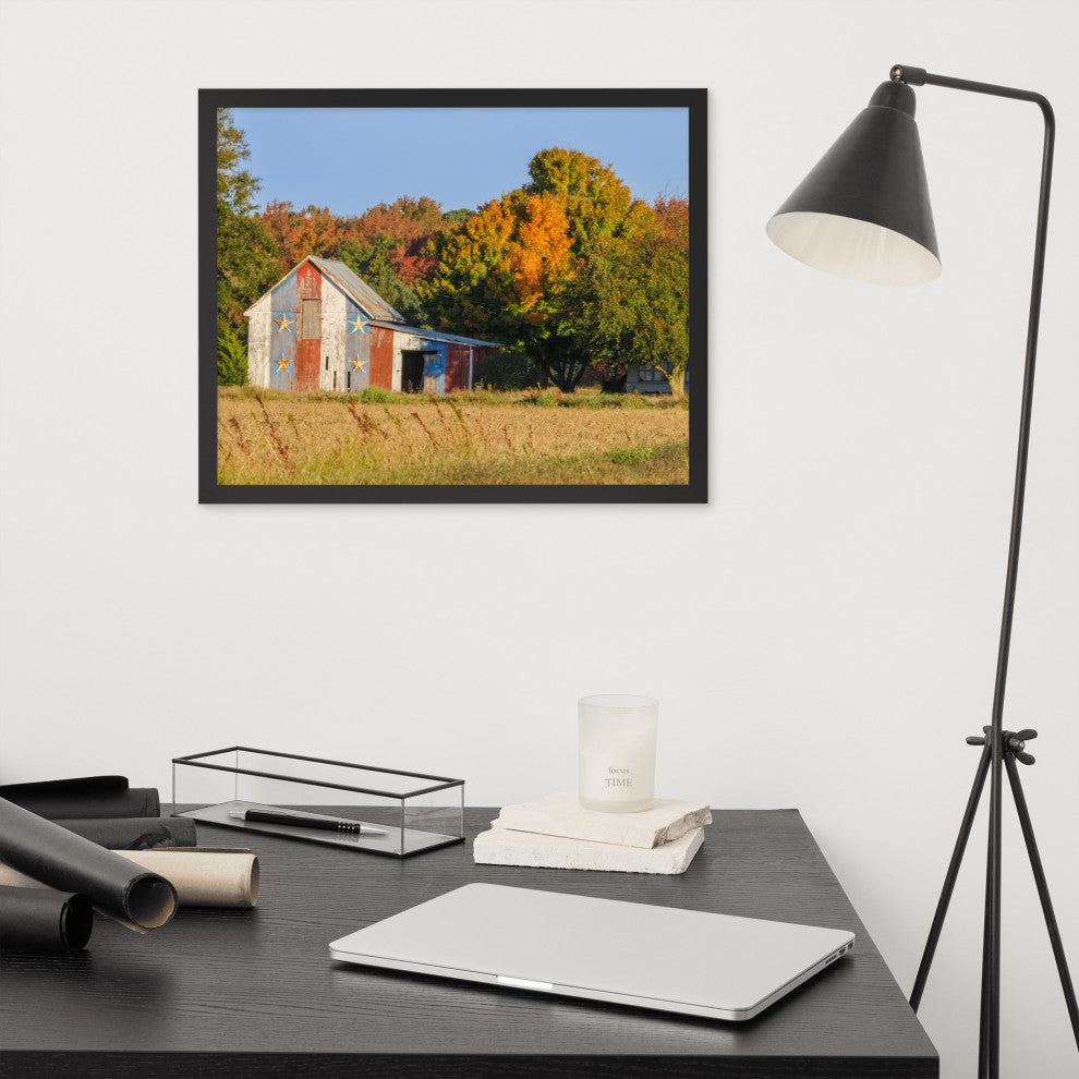Patriotic Barn in Field Rural Landscape Framed Photo Paper Wall Art Prints, Black, 16" X 20"