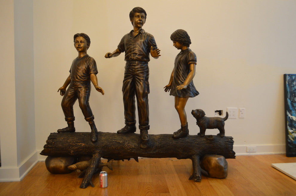 Three Kids With A Dog On A Log Bronze Statue