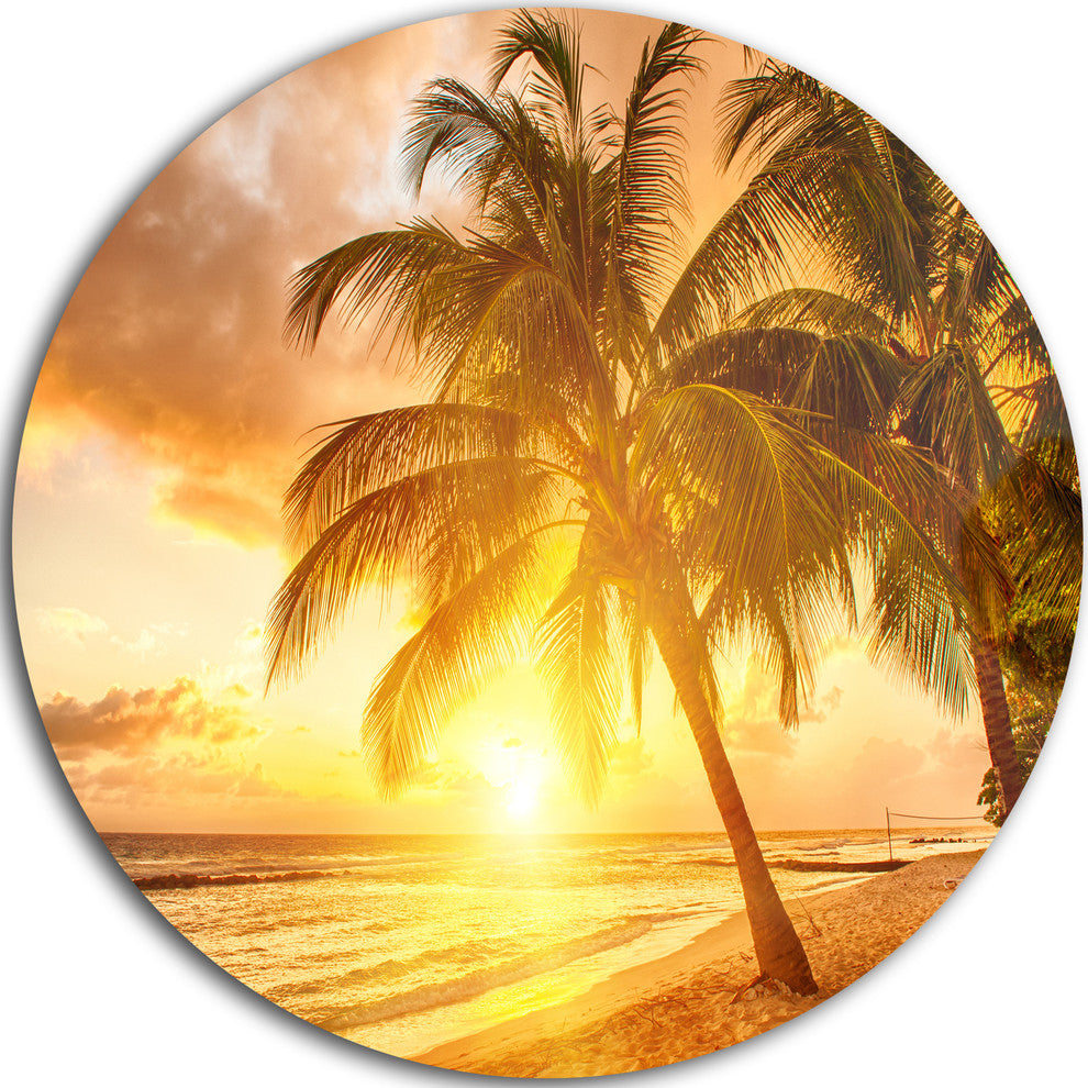 Bright Sunset At Barbados Island, Modern Seascape Round Wall Art, 23"