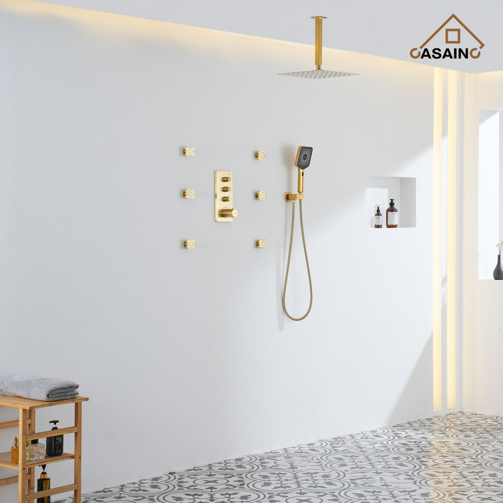 Ceiling Mounted Thermostatic Shower System, Brushed Gold