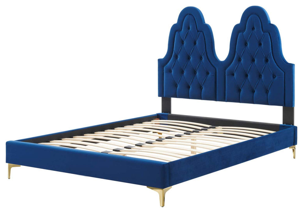 Tufted Platform Bed Frame, Twin Size, Velvet, Blue Navy, Modern Contemporary