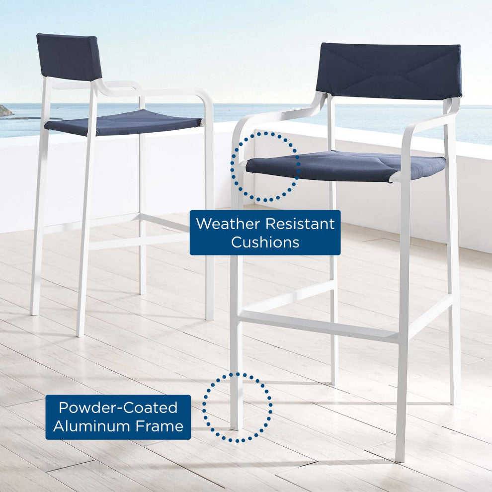 Bar Side Stool Chair, Set of 2, Aluminum, Metal, White Blue Navy, Outdoor