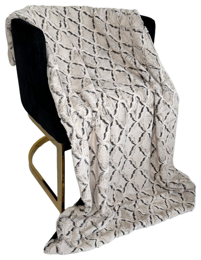 Plutus Brown Beige Diamond Faux Fur Throw Blanket, 80"L x 110"W Full