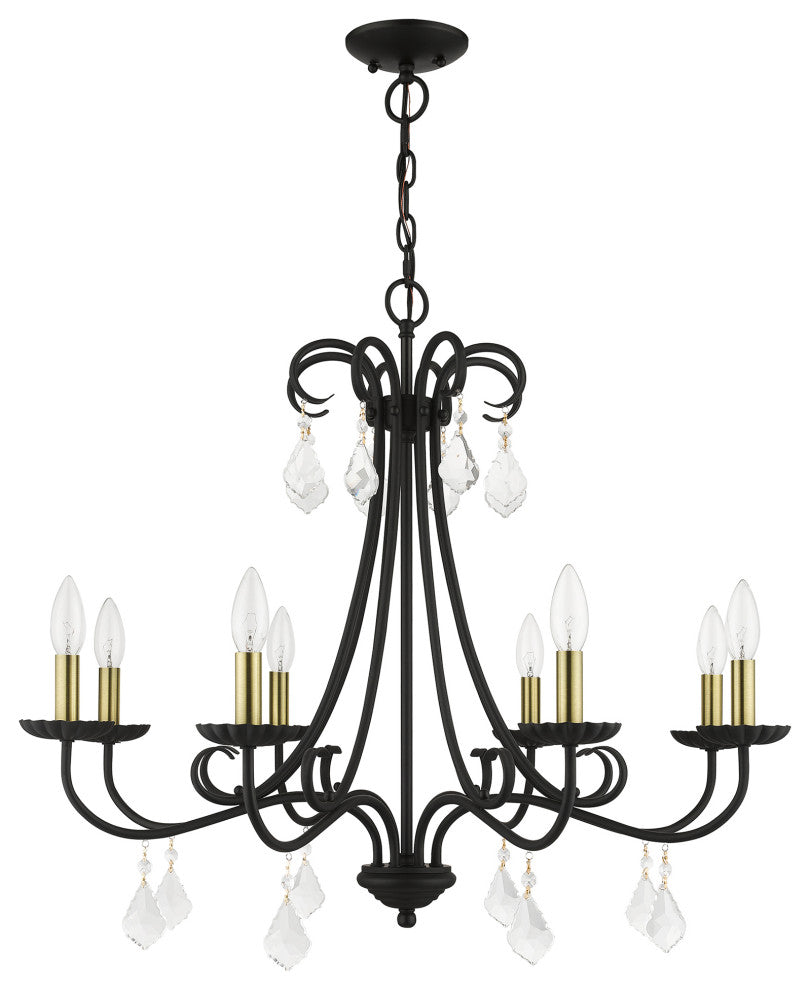 Daphne 8-Light Black Large Chandelier, Antique Brass Accents and Clear Crystals
