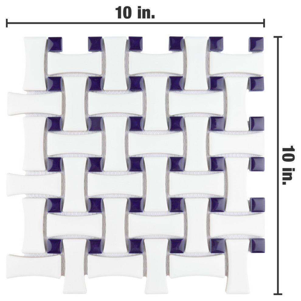 Metro Dog Bone Basketweave White w/Cobalt Dot Porcelain Floor and Wall Tile