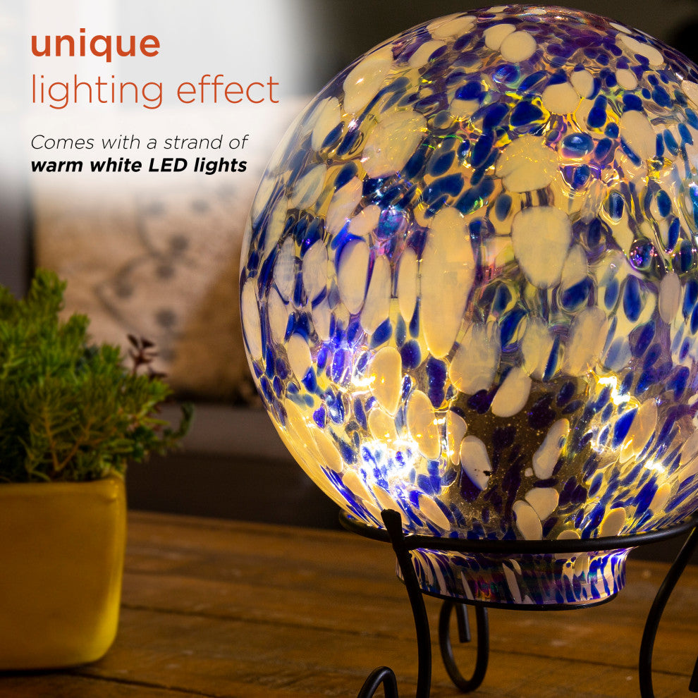 Alpine Blue & White Gazing Globe with LED Lights, 10 Inch Tall