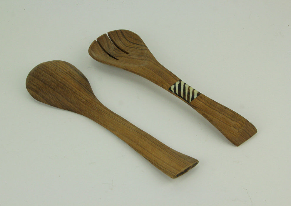 Hand Carved Wood and Bone Flat Handle Salad Server Set