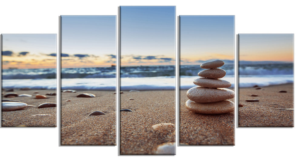 Stones Balance on Sandy Beach, Seashore Canvas Art Print, 60"x32", 5 Panels