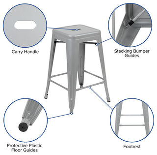 24" Metal Counter-Height Indoor Bar Stool, Stackable Set of 4, Silver