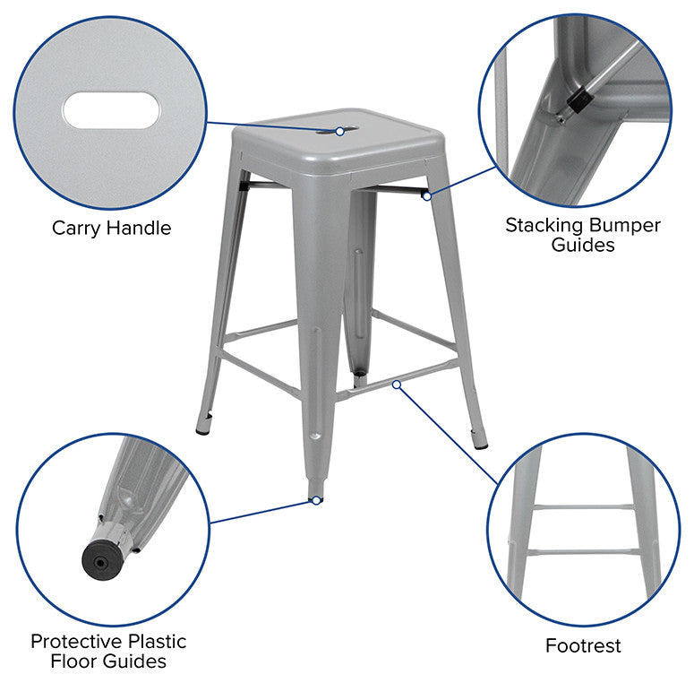 24" Metal Counter-Height Indoor Bar Stool, Stackable Set of 4, Silver