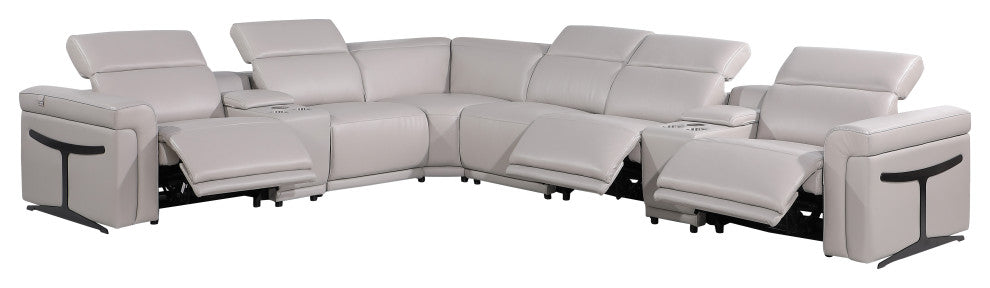 Giovanni 8-Piece 3-Power Reclining Italian Leather Sectional, Light Gray