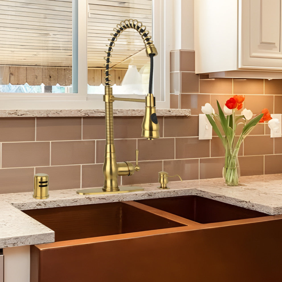Copper Pre-Rinse Spring Kitchen Faucet with Pull Down Sprayer, Brushed Gold