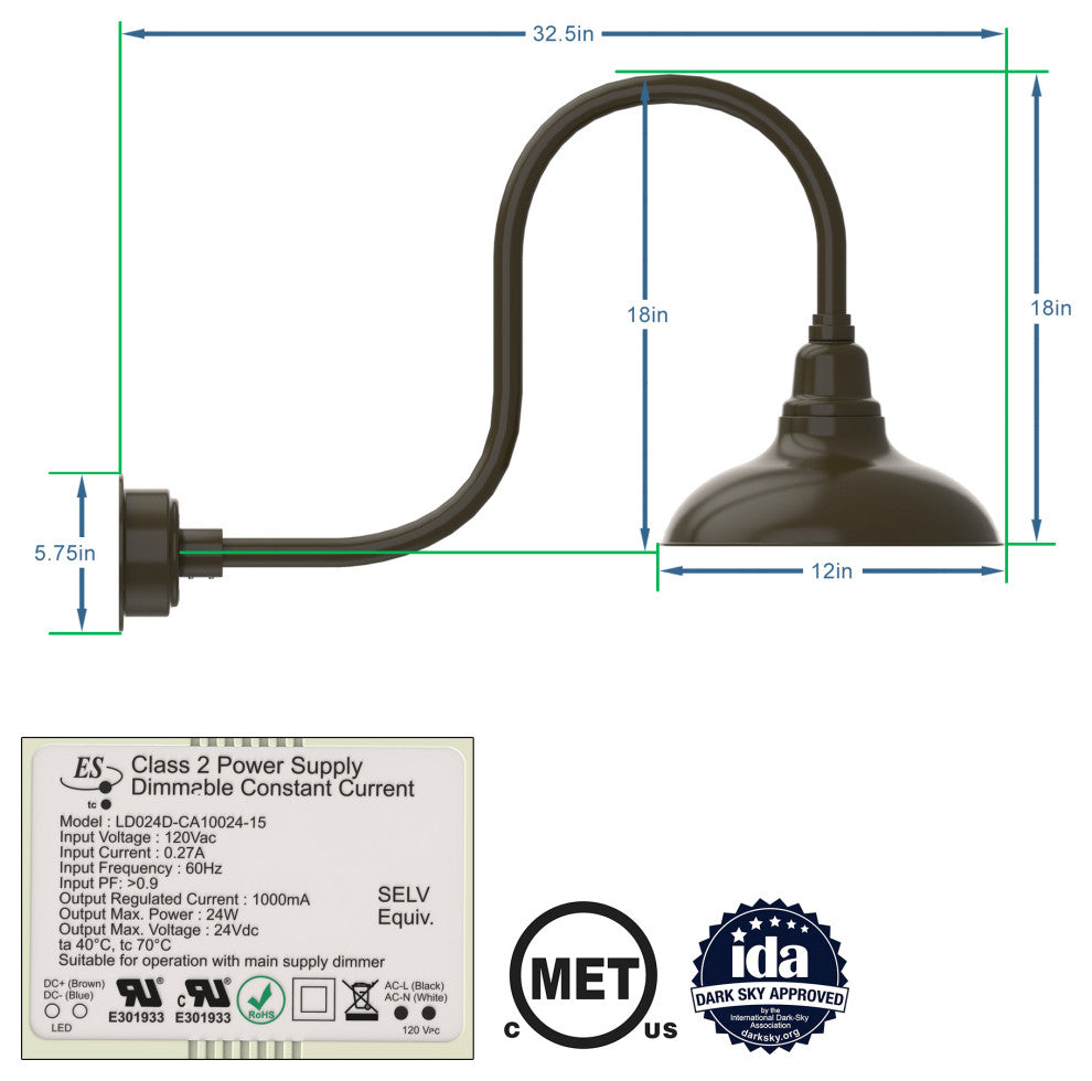 Gooseneck Barn Light With Antique Arm, Mahogany Bronze, 12"